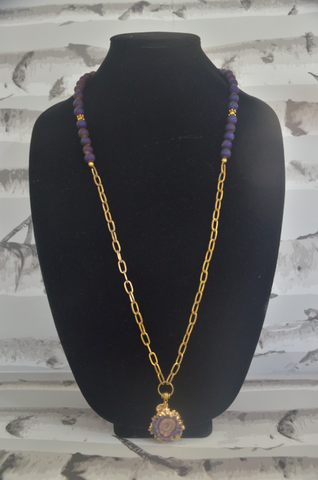 Purple Beaded Necklace with Stone