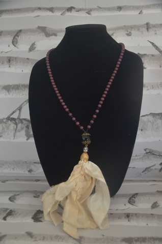 Raspberry Beaded Necklace With Cloth