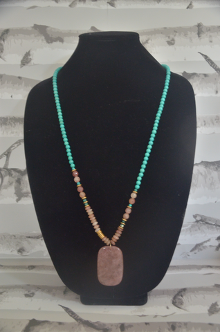 Turquoise & Pink Beaded Necklace With Stone