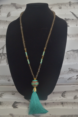 Brown & Turquoise Beaded Necklace With Tassels
