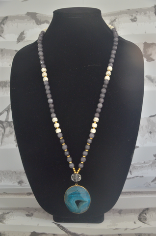 Gray & White Necklace with Teal Stone