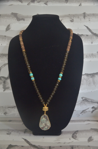 Wood Necklace With Gray Marble Stone