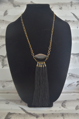 Gold Necklace With Brown Stone & Black Tassels