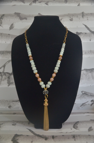 Pastel Bead Necklace With Stone & Tassel